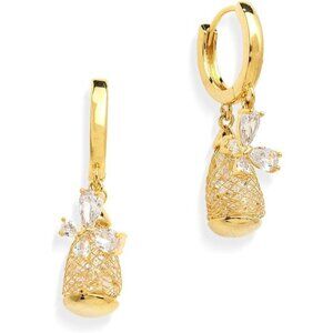 Sparkly Gold Hoop Earrings | 3D Water Drop & Butterfly Dangle